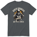 Charcoal Biker Grandad Legend Shirt t-shirt - bearded biker in a helmet and sunglasses on a motorcycle, the word LEGEND and a orange paint splash, gift for grandad