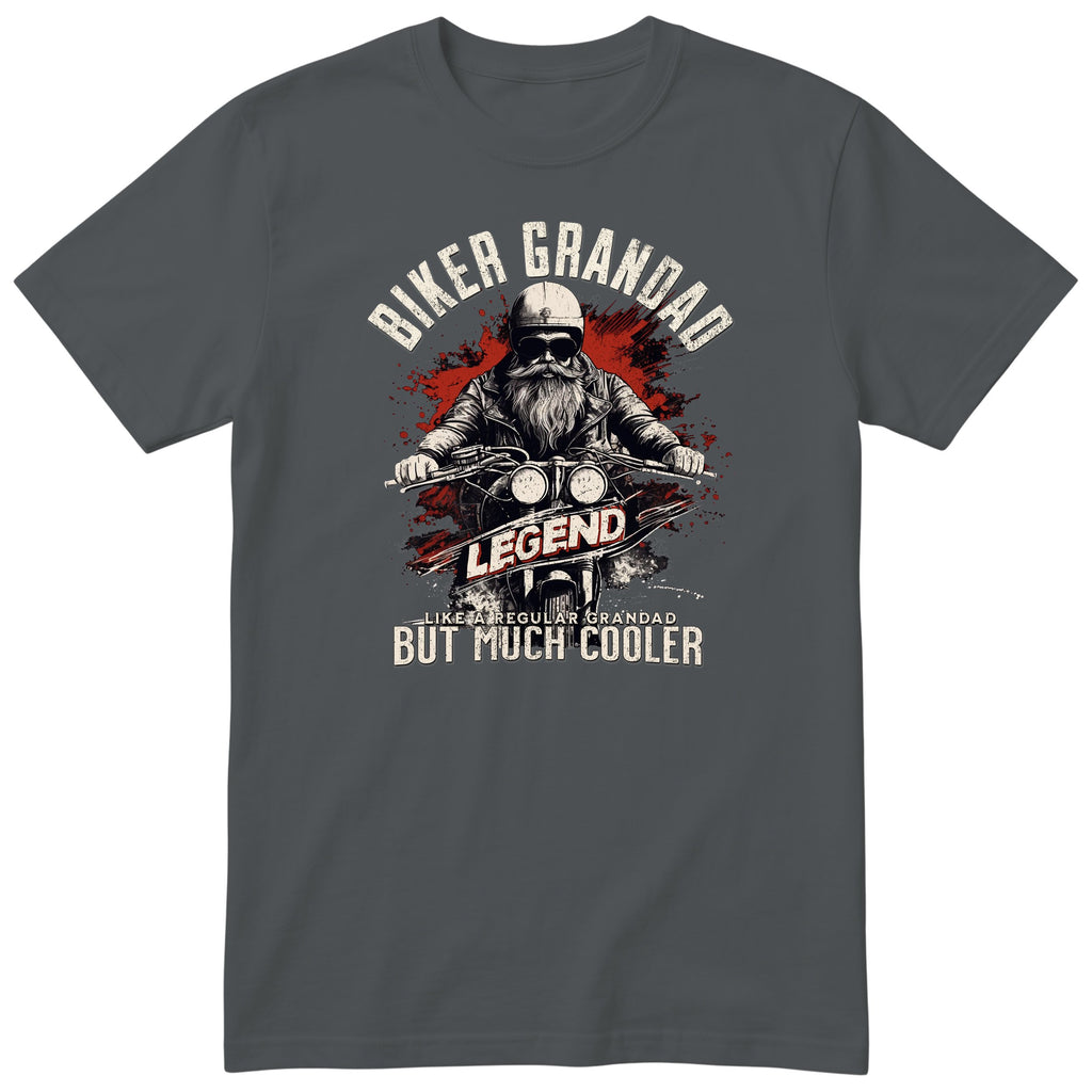 Charcoal Biker Grandad Legend t-shirt - bearded biker in a helmet and sunglasses on a motorcycle, the word LEGEND and a red paint splash, gift for grandad