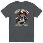 Charcoal Biker Grandad Legend t-shirt - bearded biker in a helmet and sunglasses on a motorcycle, the word LEGEND and a red paint splash, gift for grandad