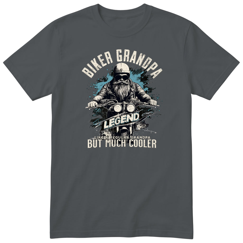 Charcoal Biker Grandpa Legend T-Shirt t-shirt - bearded biker in a helmet and sunglasses on a motorcycle, the word LEGEND and a blue paint splash, gift for grandpa