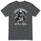 Charcoal Biker Grandpa Legend T-Shirt t-shirt - bearded biker in a helmet and sunglasses on a motorcycle, the word LEGEND and a blue paint splash, gift for grandpa