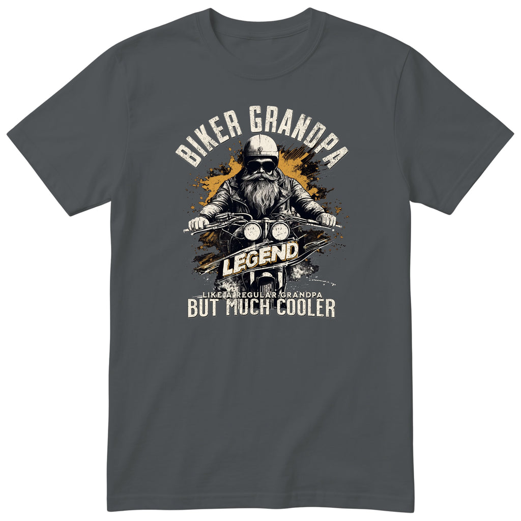 Charcoal Biker Grandpa Legend Shirt t-shirt - bearded biker in a helmet and sunglasses on a motorcycle, the word LEGEND and a orange paint splash, gift for grandpa