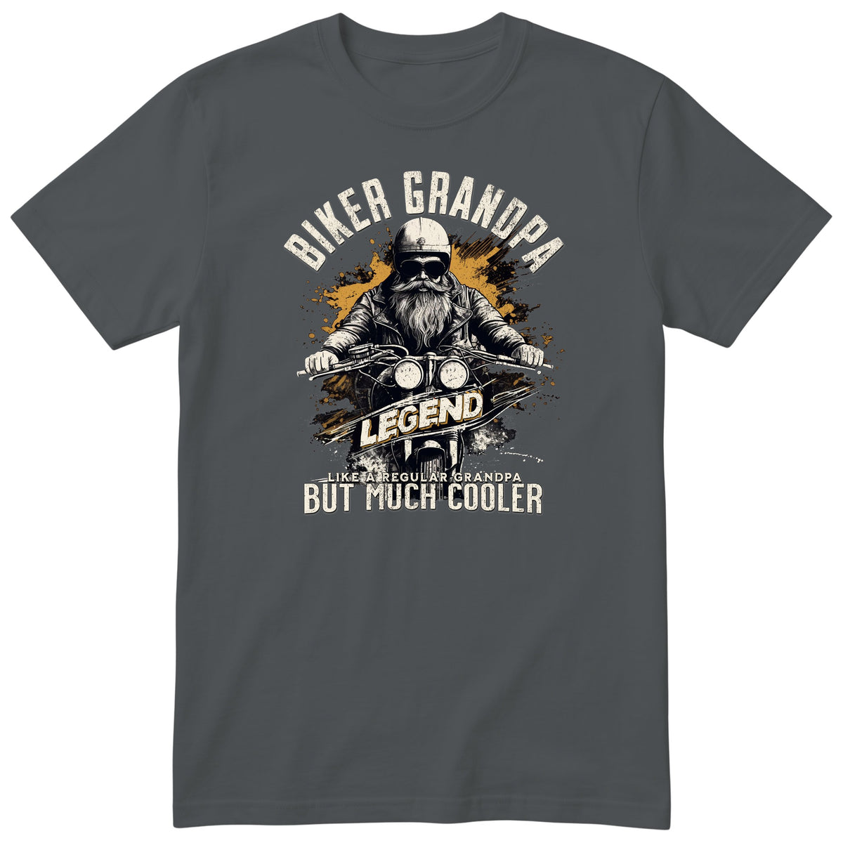 Charcoal Biker Grandpa Legend Shirt t-shirt - bearded biker in a helmet and sunglasses on a motorcycle, the word LEGEND and a orange paint splash, gift for grandpa