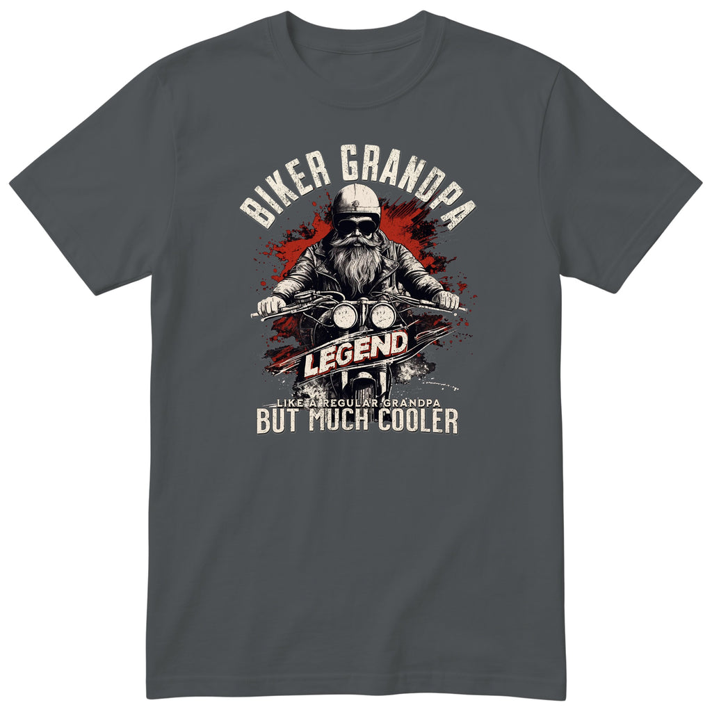 Charcoal Biker Grandpa Legend t-shirt - bearded biker in a helmet and sunglasses on a motorcycle, the word LEGEND and a red paint splash, gift for grandpa