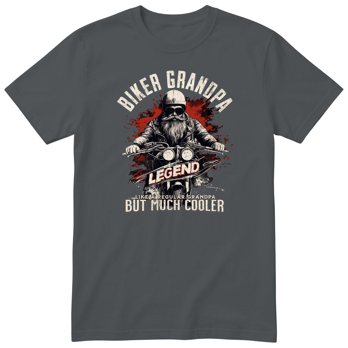 Charcoal Biker Grandpa Legend t-shirt - bearded biker in a helmet and sunglasses on a motorcycle, the word LEGEND and a red paint splash, gift for grandpa