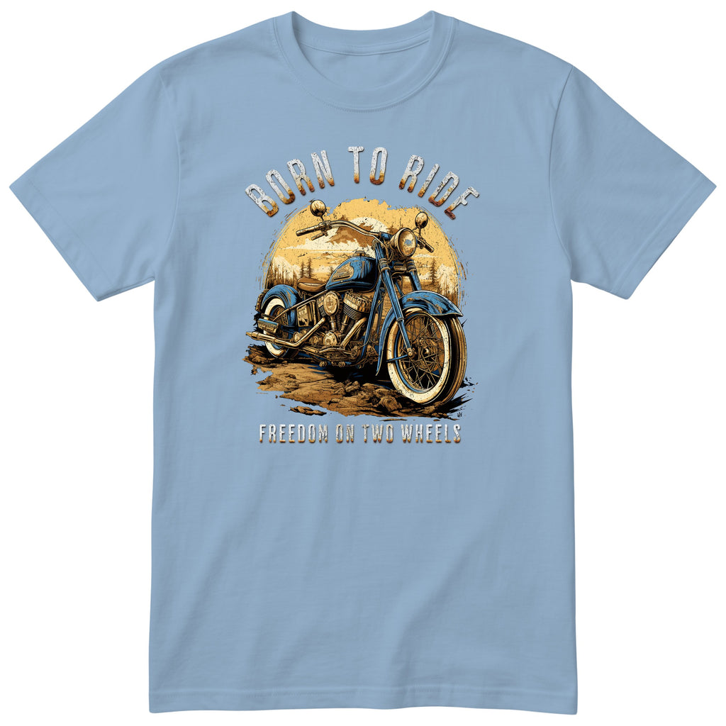 Light Blue Born to Ride motorcycle t-shirt - blue vintage motorcycle on a dirt track with a forest sunset behind, gift for a biker