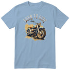 Light Blue Born to Ride Vintage Motorcycle motorcycle t-shirt - rusty old school motorcycle with a red seat on a sand-coloured splash, gift for a biker
