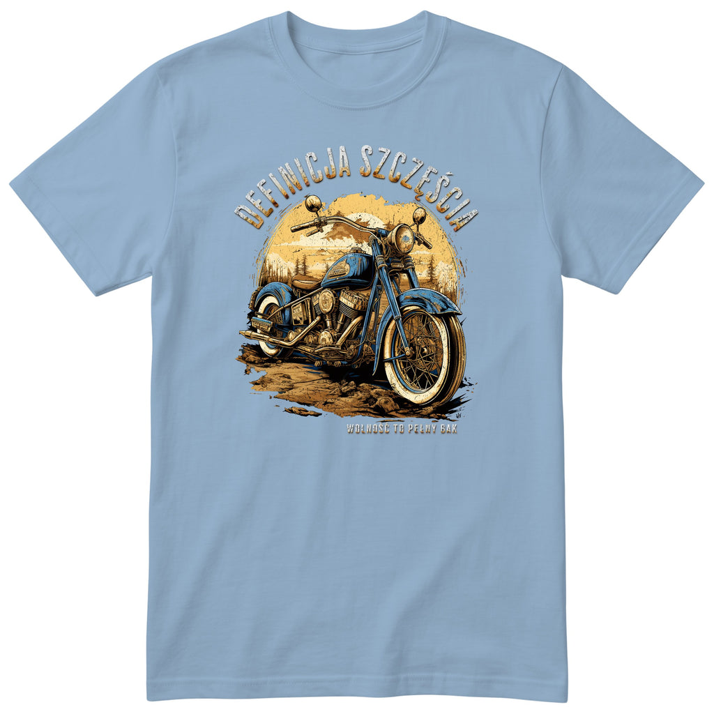 Błękitna koszulka motocyklowa „Definicja Szczęścia” - niebieski motocykl vintage na polnej drodze w złotym zachodzie słońca, polski nadruk