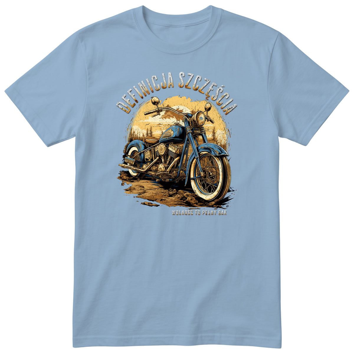 Błękitna koszulka motocyklowa „Definicja Szczęścia” - niebieski motocykl vintage na polnej drodze w złotym zachodzie słońca, polski nadruk