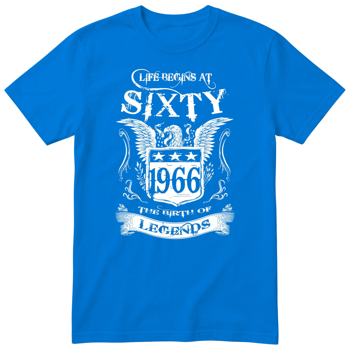 Royal Blue Life Begins At Sixty t-shirt - 60th birthday gift for him with an eagle crest