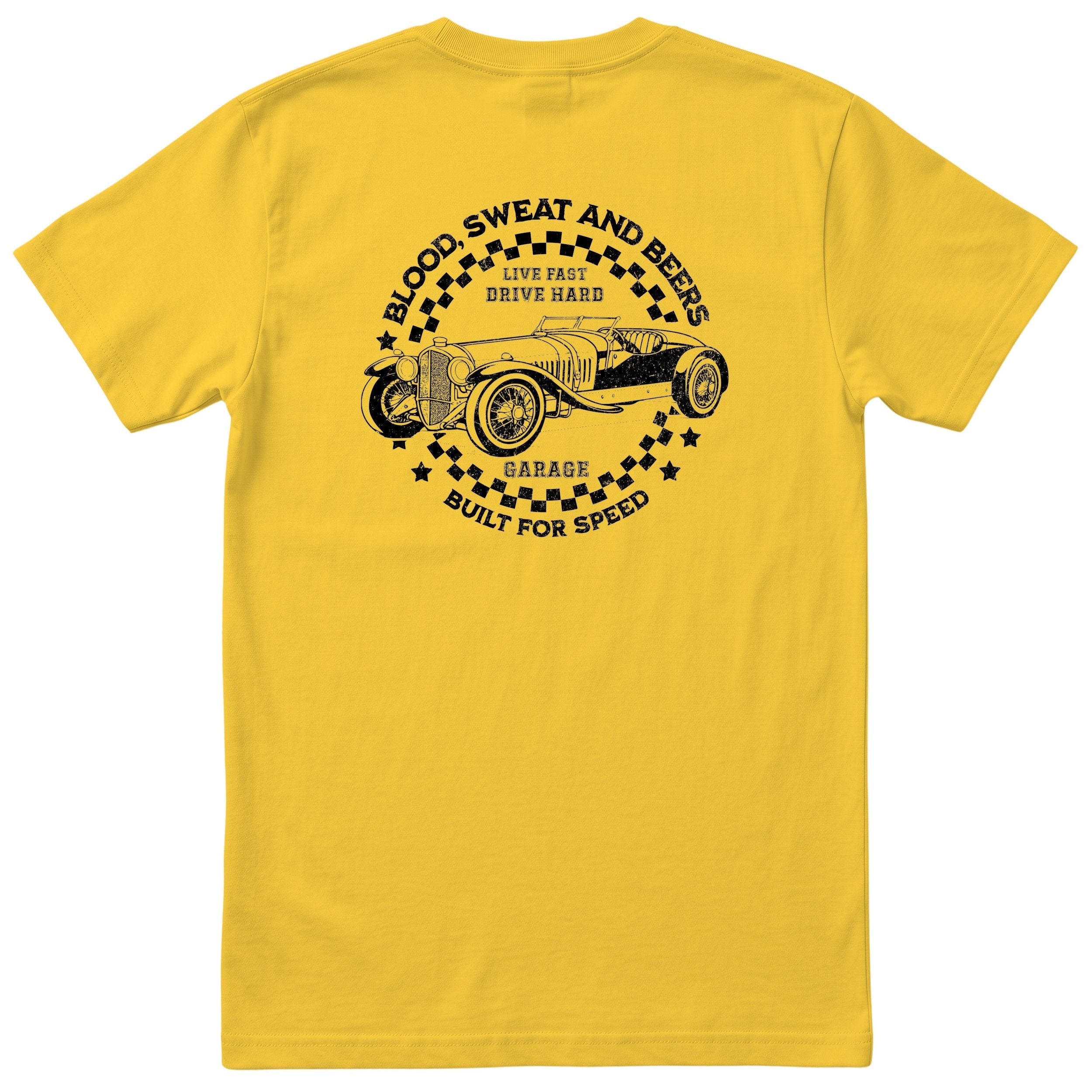Live Fast Drive Hard garage tee yellow back