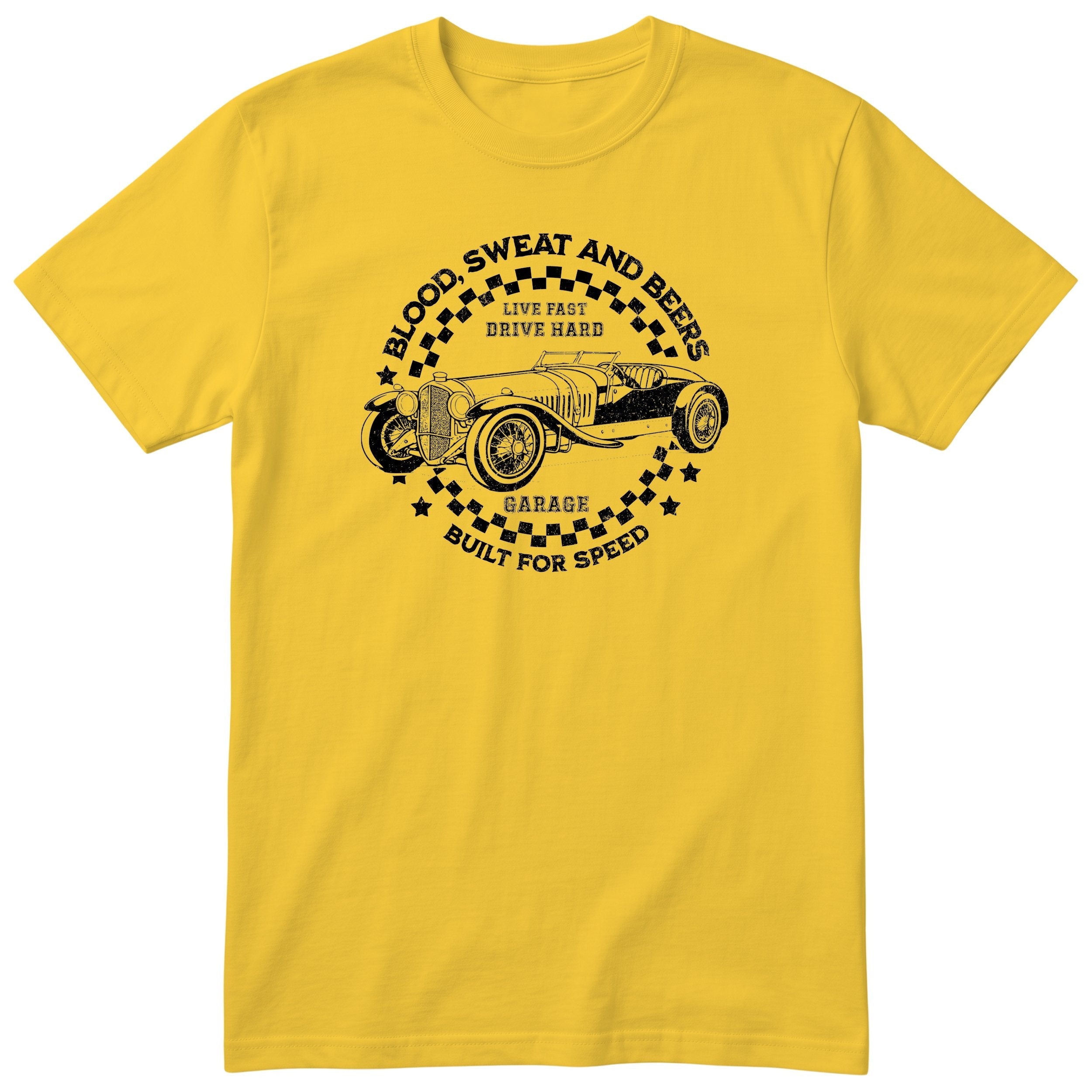 Live Fast Drive Hard garage tee yellow front