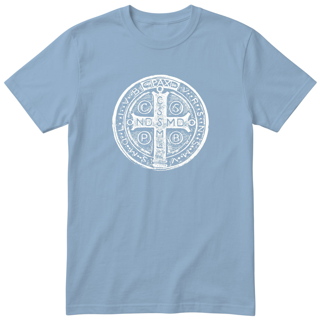 Saint Benedict Medal T-Shirt - Catholic Faith Gift - Light Blue