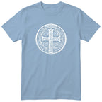 Saint Benedict Medal T-Shirt - Catholic Faith Gift - Light Blue