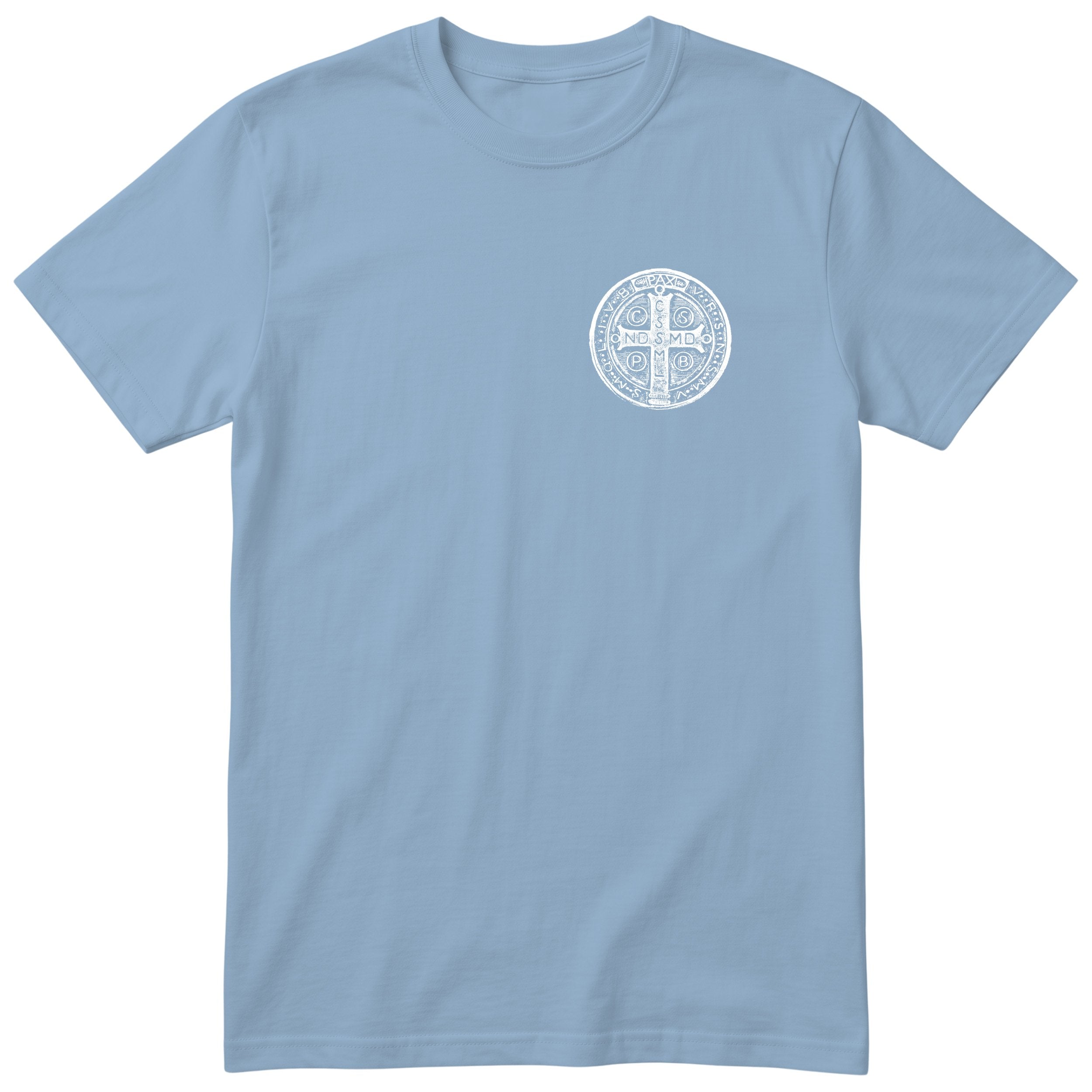 Saint Benedict Medal T-Shirt - Catholic Faith Tee Unisex - Light Blue