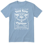 Light Blue unisex T-shirt with personalised Real Queen name and age retro label printed on the front