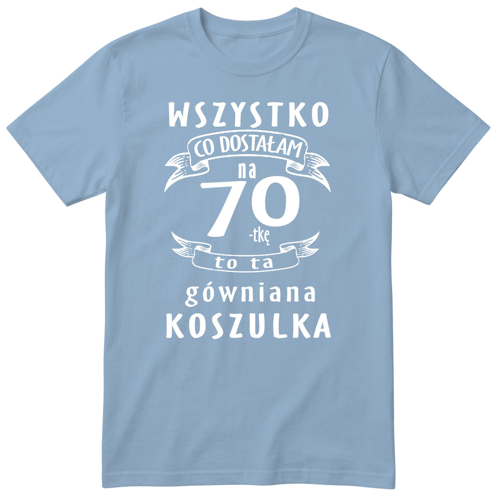 Koszulka błękitna z polskim napisem urodzinowym i liczbą 70 - przewrotny prezent