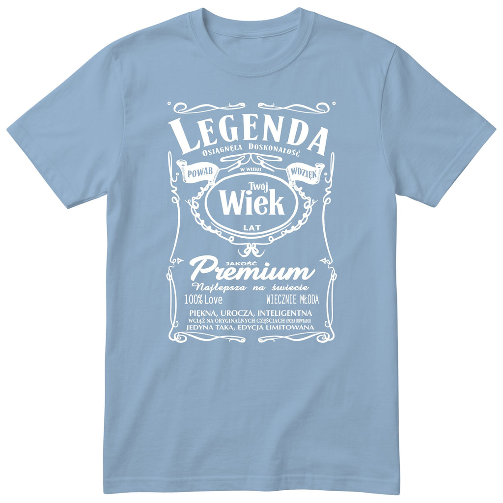 Błękitna personalizowana koszulka „Legenda Powab Wdzięk" z Twoim wiekiem - śmieszny prezent urodzinowy dla niej
