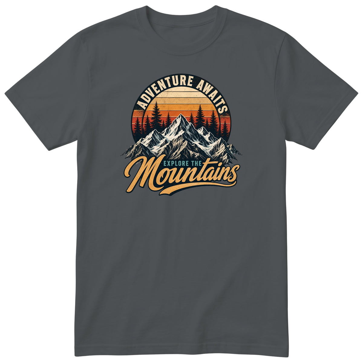 Charcoal Adventure Awaits t-shirt - retro mountain hiking print, GitGraf