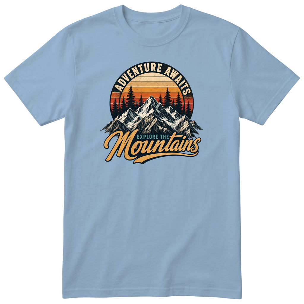 Light Blue Adventure Awaits t-shirt - retro mountain hiking print, GitGraf