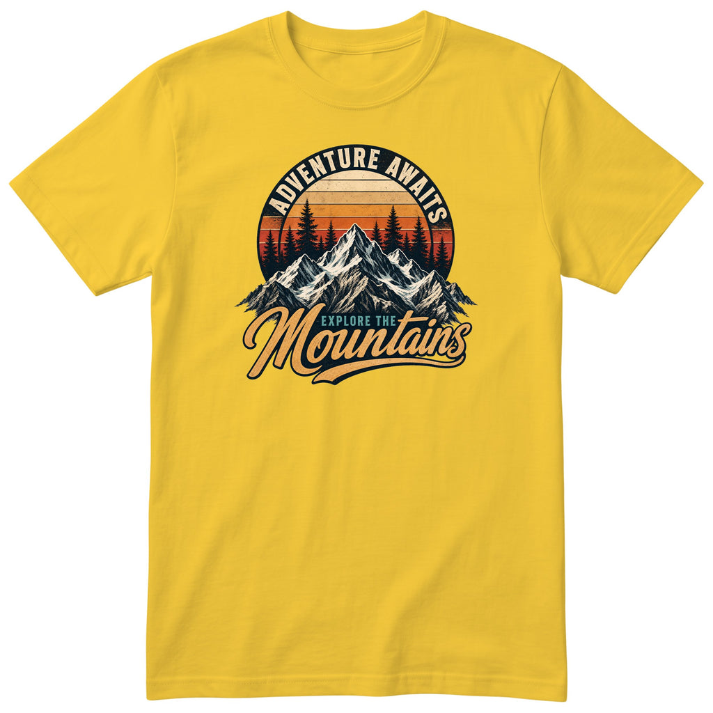 Yellow Adventure Awaits t-shirt - retro mountain hiking print, GitGraf