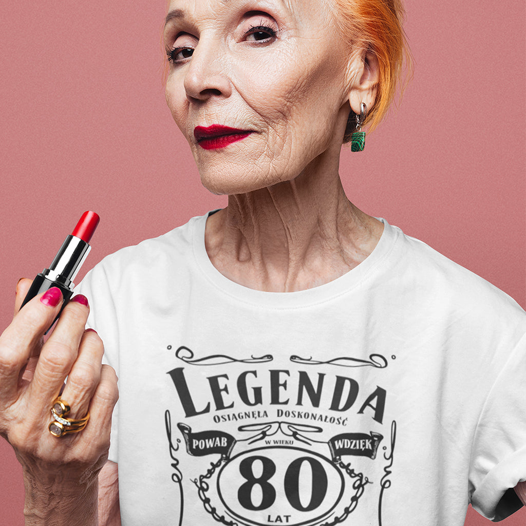 80 Urodziny DAMSKA - Legenda. Koszulka urodzinowa na 80 Lat dla kobiet inspirowana Jack Daniels