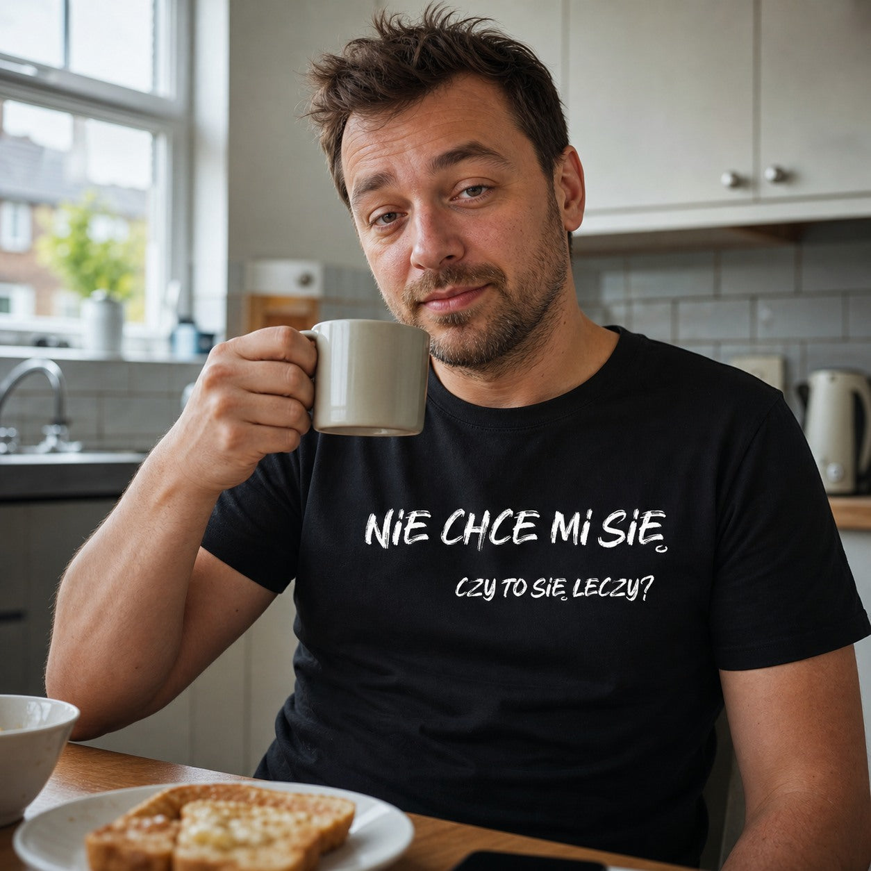 Mężczyzna w czarnej koszulce Nie Chce Mi Się Czy To Się Leczy przy śniadaniu